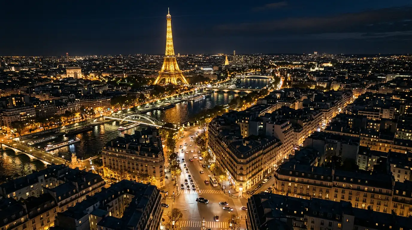 Vue aérienne de Paris la nuit avec la Tour Eiffel illuminée — Dahab chauffeur privé
