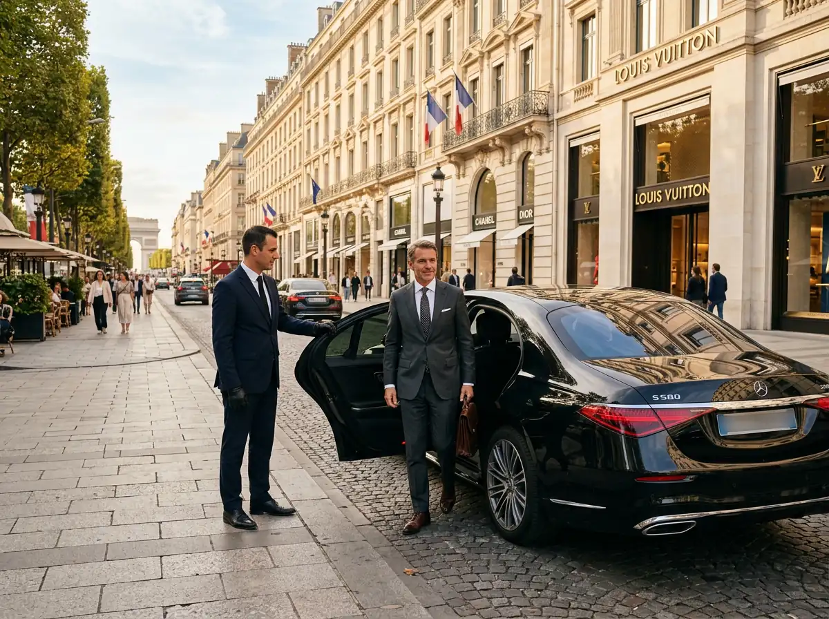 Mercedes Classe S noire sur route de campagne île-de-france au coucher du soleil, chauffeur privé Dahab