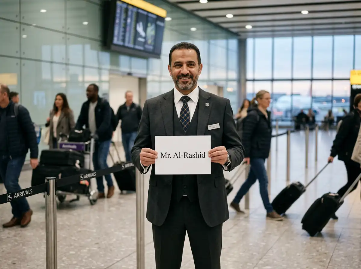 Chauffeur Dahab tenant un panneau Mr. Al-Rashid dans la zone d'arrivée de l'aéroport